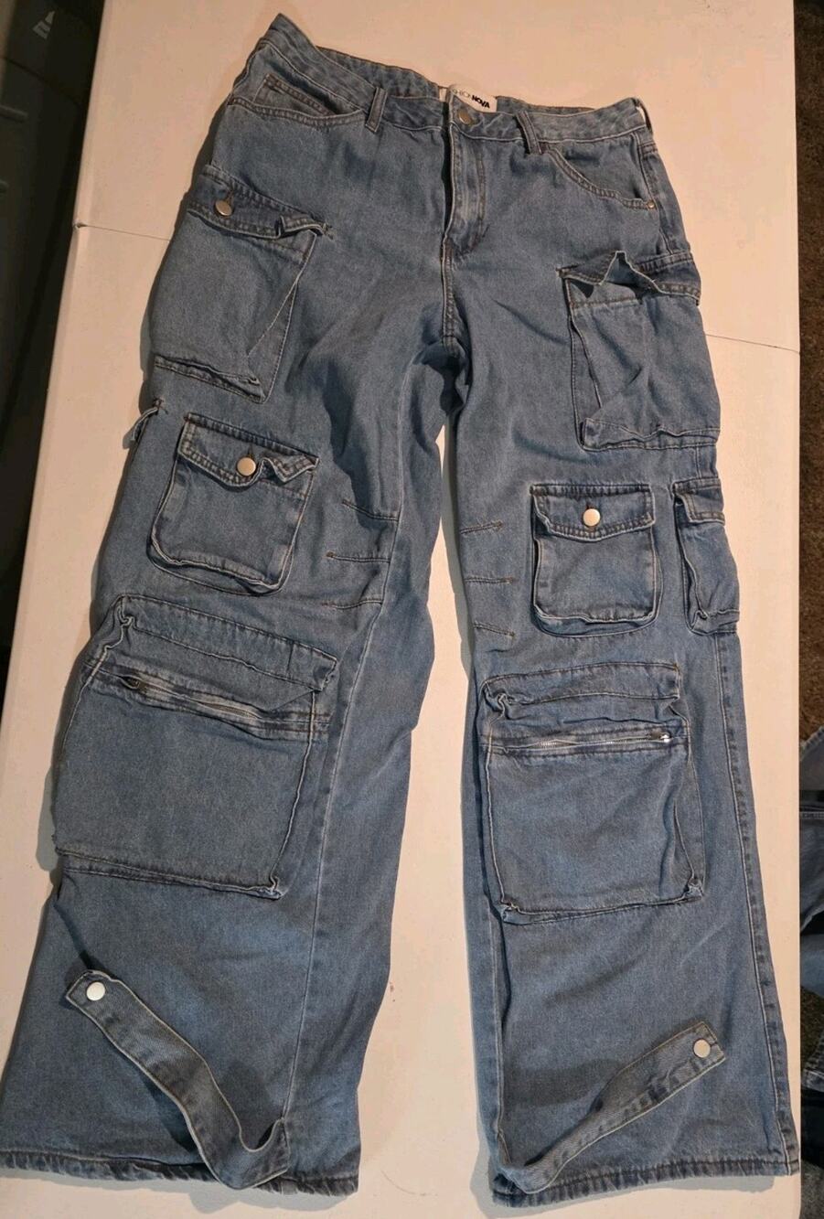 Fashion Nova Cargo Jeans Women 11 Blue Multi Pocket Utility Denim Pants Y2K